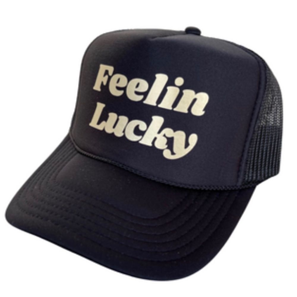 Feelin Lucky Black Trucker Hat Gold Writing BRAND NEW Tags - Snap Mesh Back